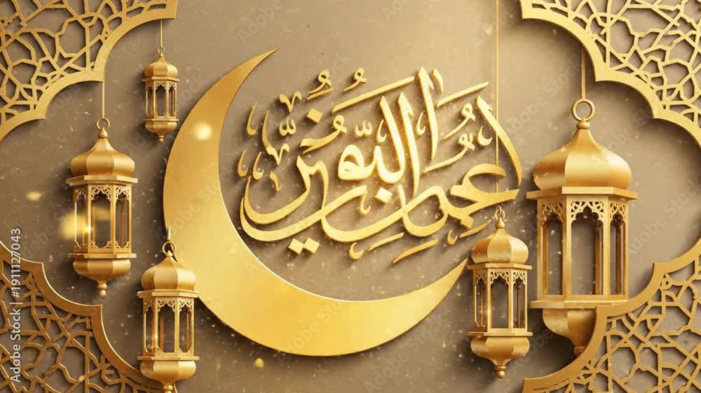 Golden crescent moon, lanterns, and Arabic calligraphy for Islamic ...
