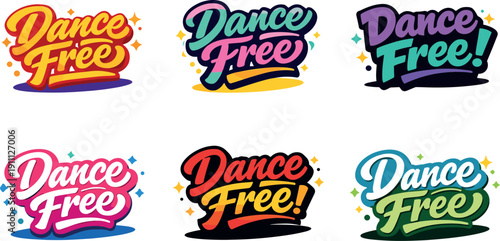 Seasonal holiday banner with promotional slogan presenting modern lettering logo set for Dance Free, inspirational