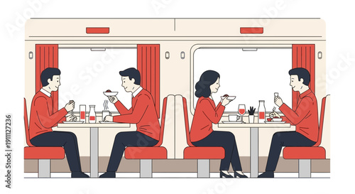 People Dining In A Train Compartment During Travel And Mealtime