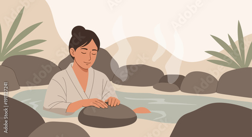 Peaceful Woman Relaxing In Natural Hot Spring With Steam Wisps