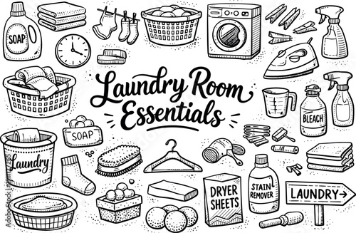 Laundry Doodle Essentials. Everyday laundry room essentials, hand drawn doodle elements set, center hand-lettered title, black &