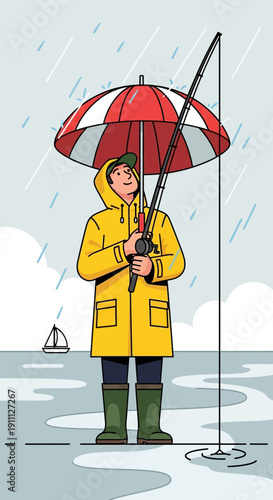 Persistent Angler braves rainy weather with umbrella and fishing rod
