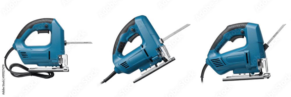 Naklejka premium Set Professional Blue Electric Jigsaw Power Tool - Transparent Background PNG