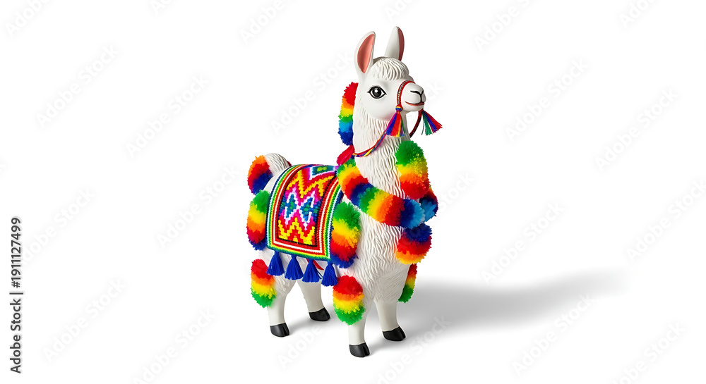 Obraz premium Colorful llama statue with rainbow decorations isolated on white background.