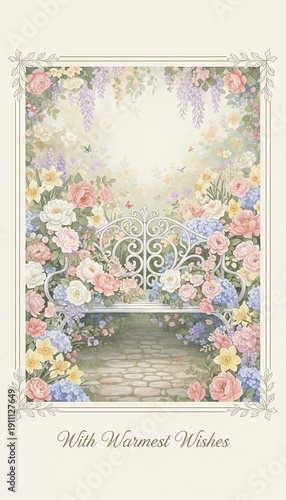 Floral Garden Gate: Warmest Wishes Card, Serene Botanical Art, Invitation