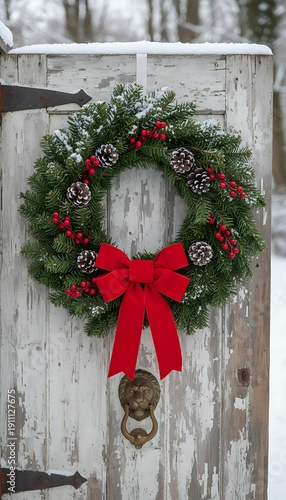 Christmas Wreath Adorns a Rustic Door in a Snowy Winter Scene