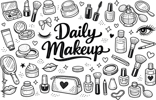 Daily makeup vanity accessories, hand drawn doodle elements set, center hand-lettered title, black & white vector line art, bold