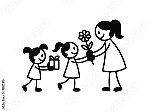 A mother receiving a gift from her two happy daughters on a special occasion