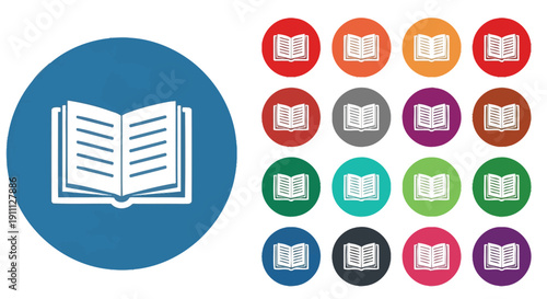 Open textbook icons are shown in numerous vibrant circles.