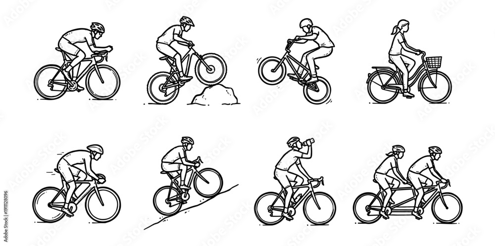 Fototapeta premium Diverse Cycling Activities Doodle Line Art Vector Set: Road, Mountain, BMX, City, Tandem Bike Riders Collection for Sport, Fitness, and Outdoor Lifestyle Illustrations