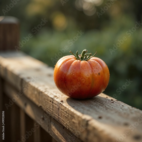 Close-up of a slightly dewy heirloom tomato placed gently on weathered pine railing