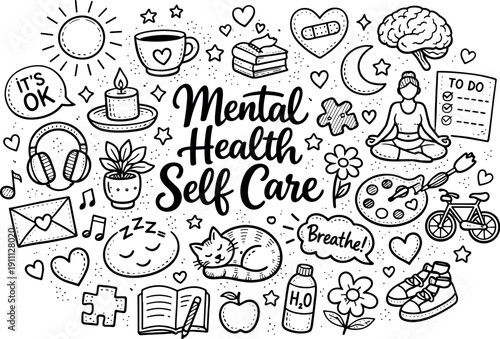 Wallpaper Mural Mental health self care concept, hand drawn doodle elements set, center hand-lettered title, black & white vector line art, bold Torontodigital.ca