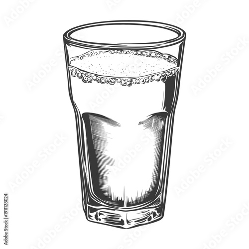 A tall glass full of liquid with bubbles and some foam