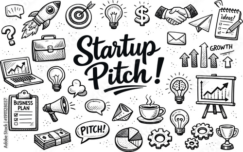 Startup Pitch Doodles. Entrepreneur startup pitch items, hand drawn doodle elements set, center hand-lettered title, black & white