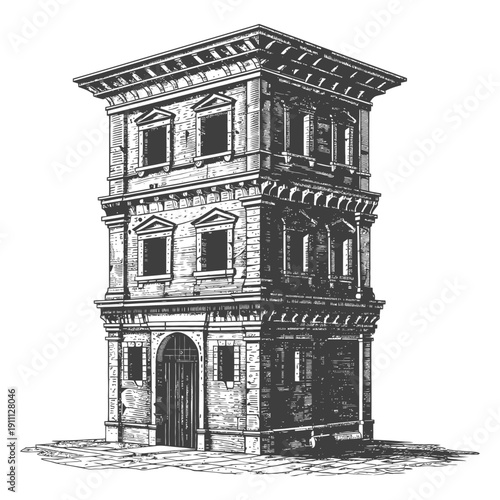 A detailed black and white illustration depicting a multi story building