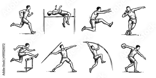 Hand-Drawn Track and Field Athletics Vector Set: Dynamic Sketch Icons of Male Athletes Running, Jumping, Throwing in High Jump, Long Jump, Hurdles, Pole Vault, Javelin, Shot Put, Discus Events