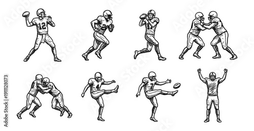 Dynamic American Football Players Vector Sketch Set: Hand-Drawn Athletes in Action Poses including Quarterback Throwing, Running Back, Tackling, Kicking, and Celebrating for Sports Graphics