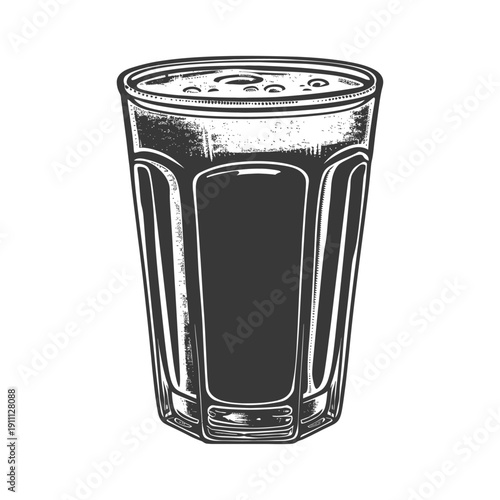 A tall glass containing a dark beverage with small bubbles visible