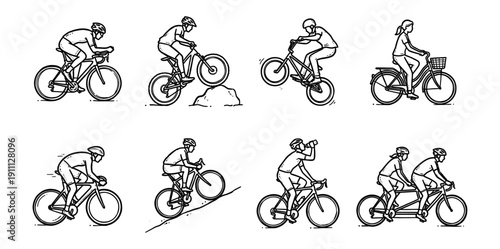 Diverse Cycling Activities Doodle Line Art Vector Set: Road, Mountain, BMX, City, Tandem Bike Riders Collection for Sport, Fitness, and Outdoor Lifestyle Illustrations