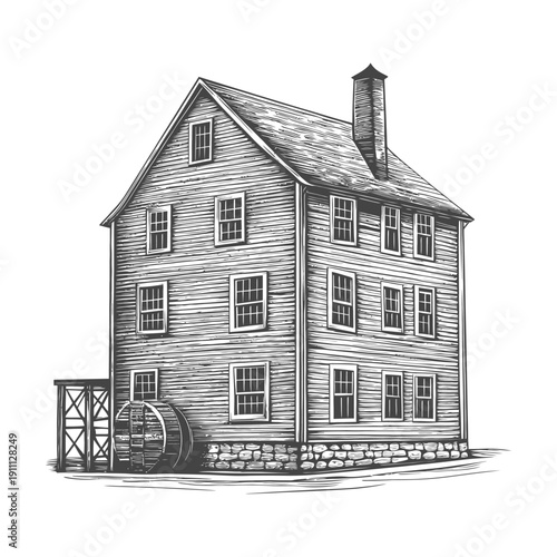 A tall wooden building with a water wheel chimney