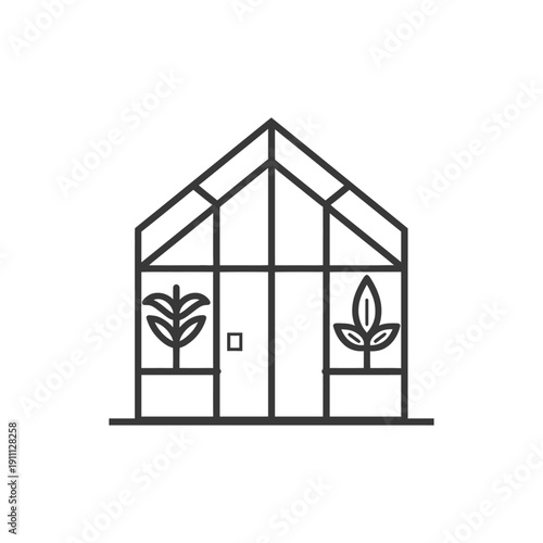 A simplistic illustration depicting a greenhouse and surrounding plants