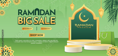 Ramadan big sale voucher and promotion banner with golden lanterns on green Islamic geometric pattern background and podium for big shopping event.