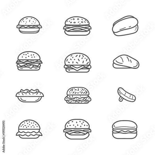Outlined images depict various food items like burgers and buns