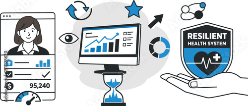 Modern minimal flat vector conceptual collage, crisp hard edges, consistent THIN outline stroke, rounded corners where needed,