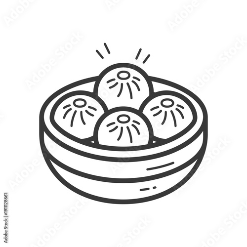 Simple illustration shows dumplings inside a traditional bamboo steamer basket