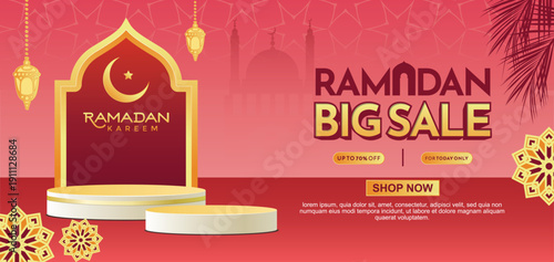Ramadan big sale voucher and promotion banner with golden lanterns on red Islamic geometric pattern background and podium for big shopping event.