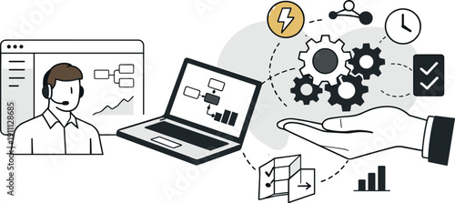 Modern minimal flat vector conceptual collage, crisp hard edges, consistent THIN outline stroke, rounded corners where needed,