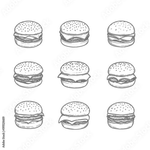 Nine different sketched illustrations of various hamburger configurations on white