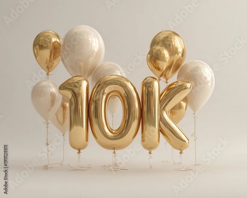 Celebration of reaching 10,000 milestone with golden balloons and white decorations in a bright setting