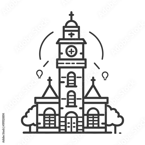 An illustration of a church building with clock and trees around it