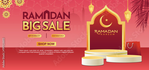Ramadan big sale voucher and promotion banner with golden lanterns on red Islamic geometric pattern background and podium for big shopping event.