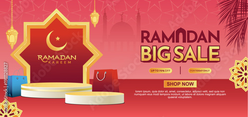 Ramadan big sale voucher and promotion banner with golden lanterns on red Islamic geometric pattern background and podium for big shopping event.