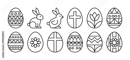 Set of black line art Easter icons featuring decorated eggs, a bunny, a chick, and religious cross symbols for holiday celebration design in a minimalist outline style
