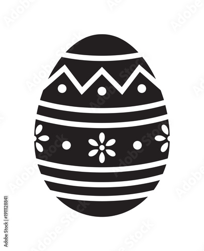 Decorative black Easter egg icon with white folk art patterns including flowers, dots, stripes, and a zigzag chevron design, representing a traditional spring holiday symbol