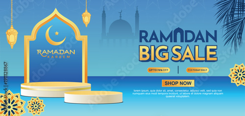 Ramadan big sale voucher and promotion banner with golden lanterns on blue Islamic geometric pattern background and podium for big shopping event.