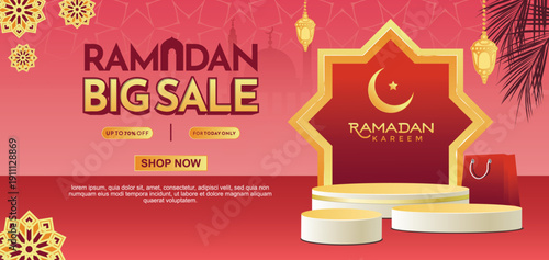 Ramadan big sale voucher and promotion banner with golden lanterns on red Islamic geometric pattern background and podium for big shopping event.