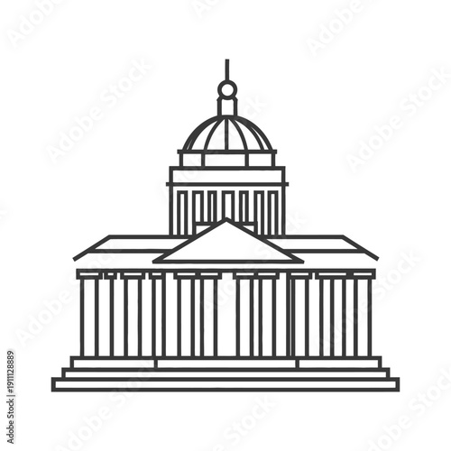 A simple line drawing depicts a stately governmental building