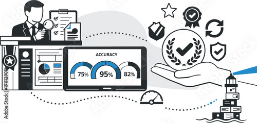 Minimal Accounting Collage. Modern minimal flat vector conceptual collage, crisp hard edges, consistent THIN outline stroke,