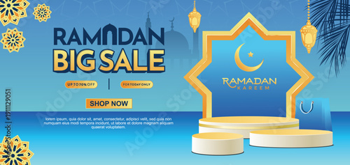 Ramadan big sale voucher and promotion banner with golden lanterns on blue Islamic geometric pattern background and podium for big shopping event.