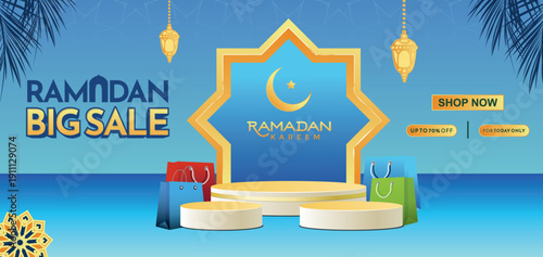 Ramadan big sale voucher and promotion banner with golden lanterns on blue Islamic geometric pattern background and podium for big shopping event.