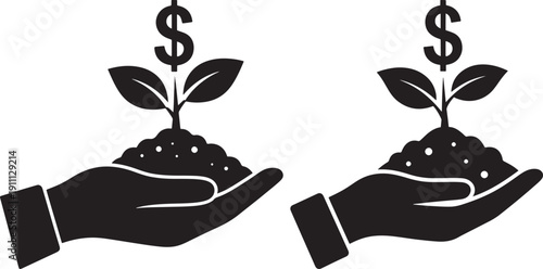Hands holding soil with a money plant sprout and dollar sign, symbolizing financial growth, investment, and prosperity. Vector icon.