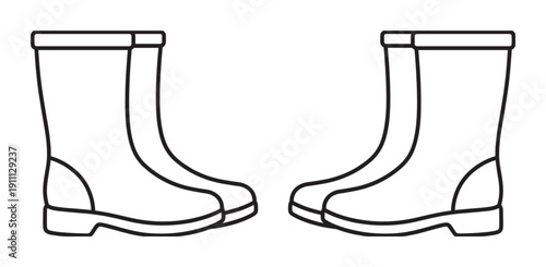 Pair of black and white rubber boots presented in a simple line art style for a clean and minimalist graphic design concept showing waterproof footwear for gardening or rain