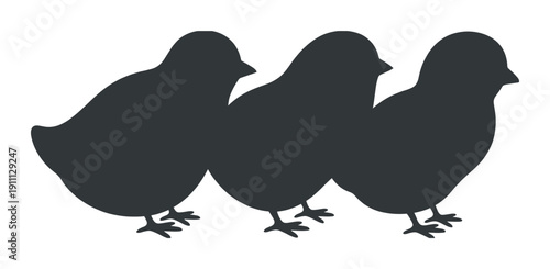 Three dark grey baby chick silhouettes standing in a row in a simple, minimalist graphic illustration style, representing farming, poultry, and new life for Easter