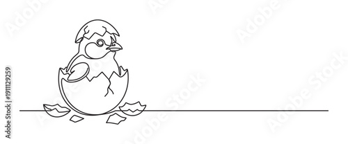 Newborn baby chick hatching from a cracked eggshell in a continuous one-line drawing style, symbolizing new life, beginnings, and the Easter holiday celebration