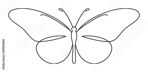 Beautiful butterfly drawn in a continuous single line style, creating an elegant and minimalist insect illustration with delicate symmetrical wings and antennae, representing nature