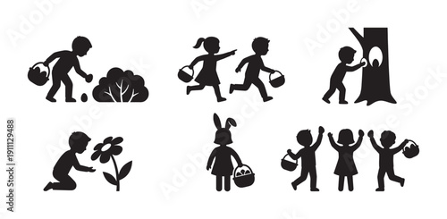 Set of black silhouettes of children participating in a festive Easter egg hunt, running and searching for eggs in bushes and trees while celebrating with baskets full of treats